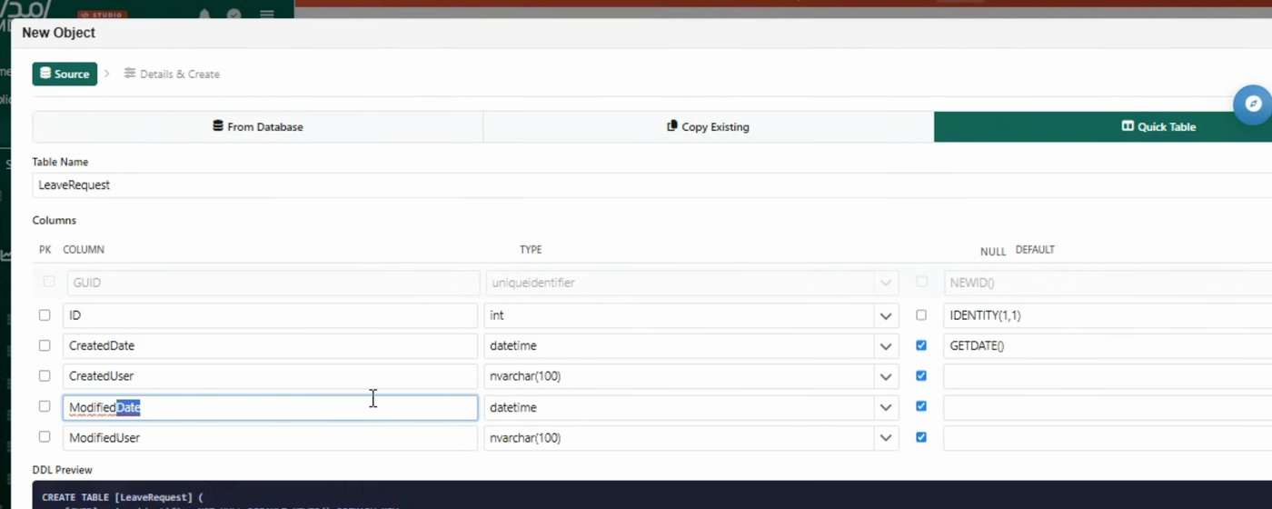 Quick Table showing SQL DDL for the LeaveRequest table