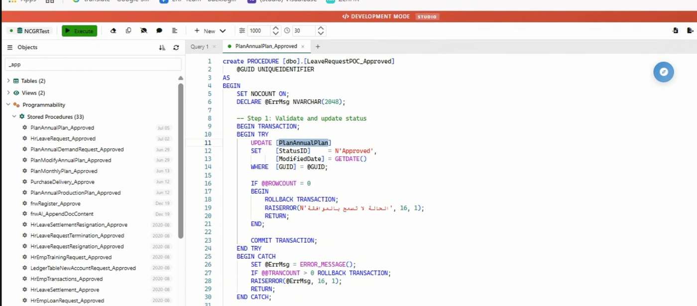 SQL Studio showing direct editing of an approval stored procedure